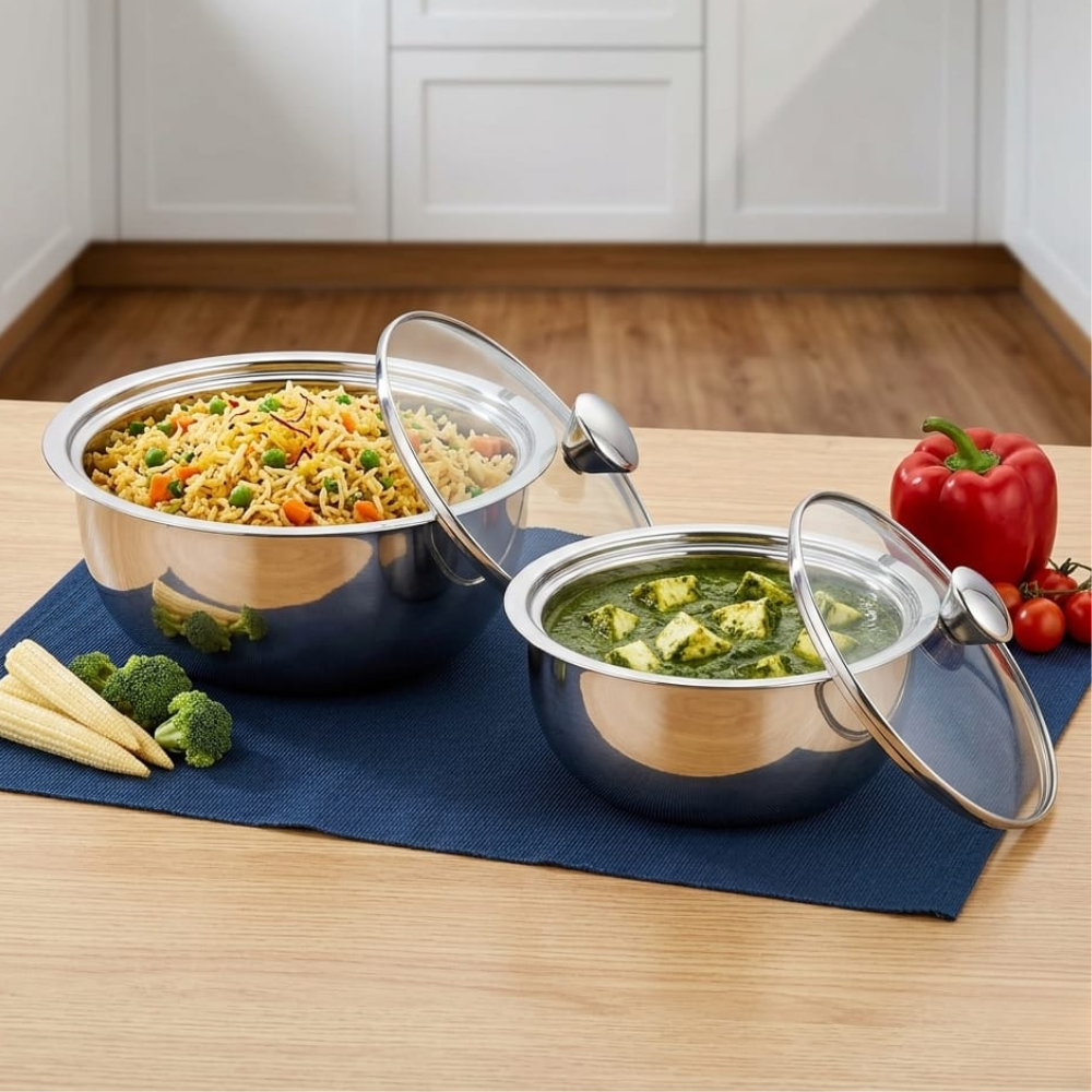 Vinod stainless steel Montero insulated casserole set of 2, 500 ml and 900 ml, full set group shot