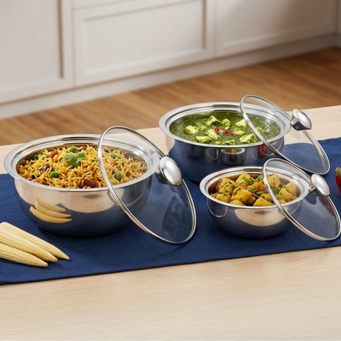 Vinod stainless steel Montero insulated casserole set of 3, 500, 900 and 1500 ml, full set group shot