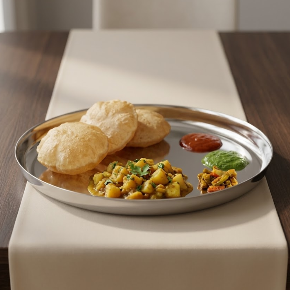 Vinod Royal hammered stainless steel khumcha thali set of 2, 27.5 cm, full set group shot