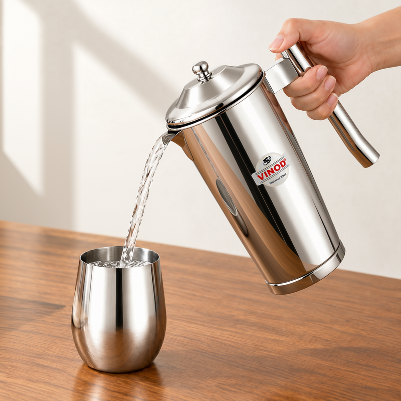 VINOD Victoria Stainless Steel Water Pitcher 1700 ml with Lid – Steel Water Jug for Home, Dining Table & Everyday Serving
