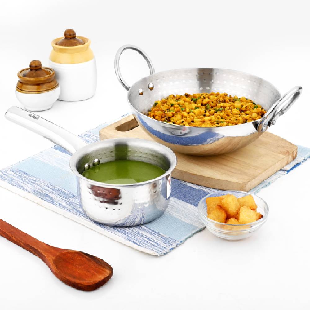 Vinod Claro heavy gauge hammered stainless steel kadai 2.4 litre 24 cm with 900 ml saucepan, set of 2, side view