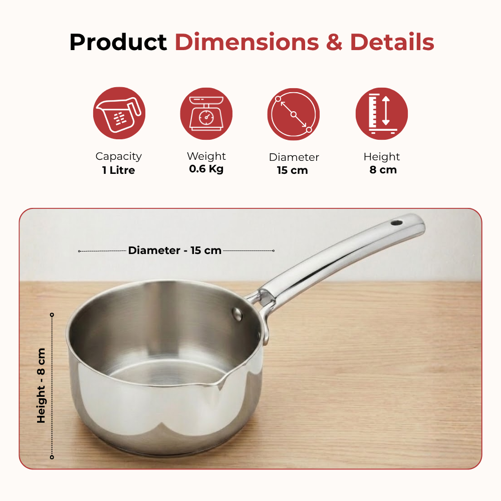 Vinod Doniv Titanium Triply Stainless Steel Milk Pan 14 cms, 1.00 Liter, product view 7