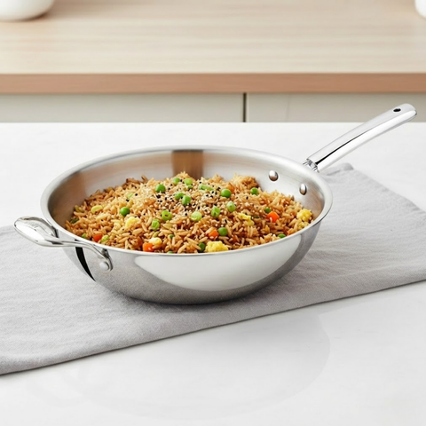 Vinod Doniv Titanium Triply Stainless Steel Wok with Side Handle 28 cms, 4.00 Liter, front view