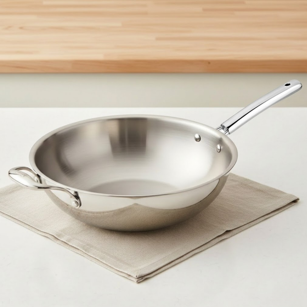 Vinod Doniv Titanium Triply Stainless Steel Wok with Side Handle 28 cms, 4.00 Liter, side view