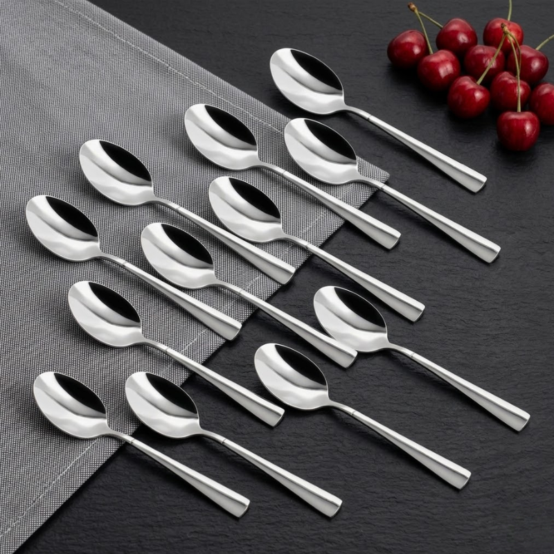 Vinod Aero stainless steel dessert spoon set of 12, full set group shot