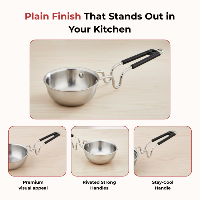 Vinod Claro heavy gauge stainless steel plain tadka pan, 1.5 mm, faster cooking graphic