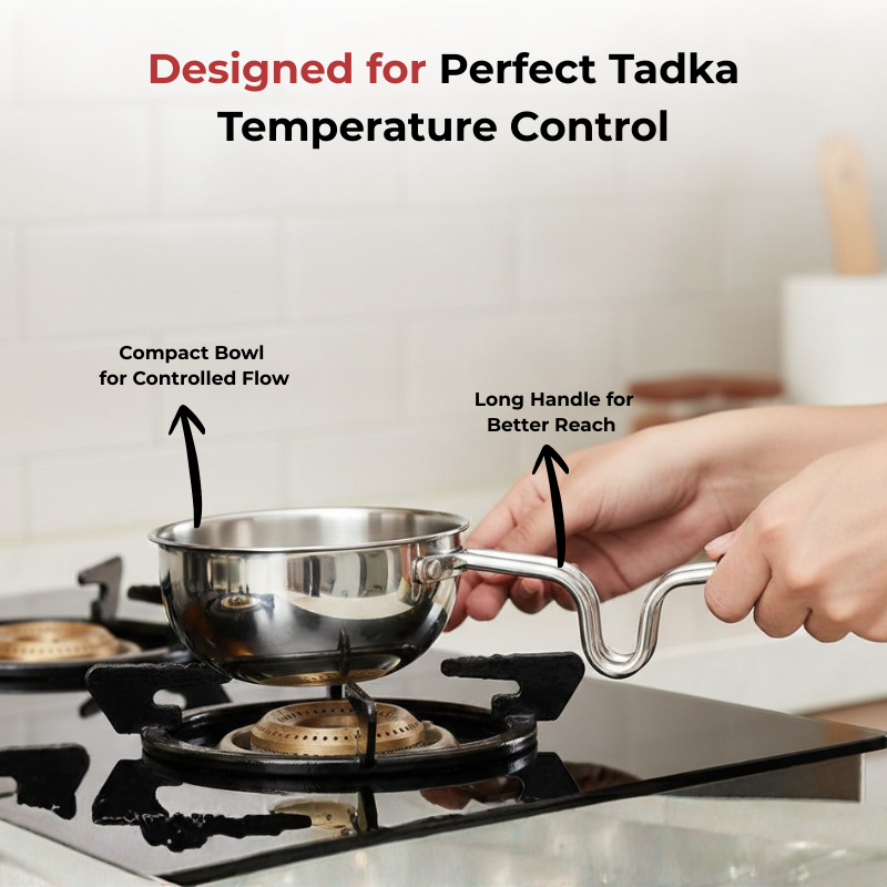 Vinod Claro heavy gauge stainless steel plain tadka pan, 1.5 mm, safety features overview