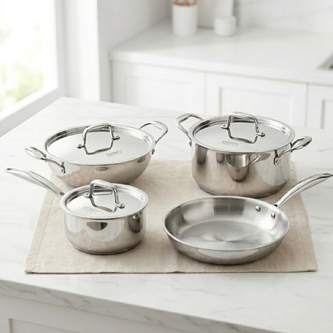 Vinod Doniv Titanium Triply stainless steel 4 piece mini cookware set, full set group shot