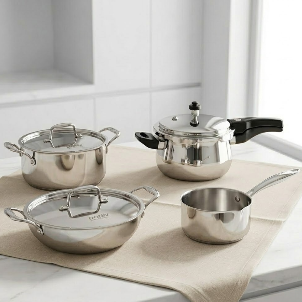 Vinod Doniv Titanium Triply stainless steel 4 piece jumbo cookware set, full set group shot
