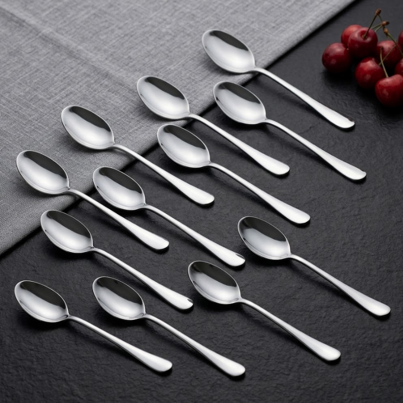 Vinod Decora stainless steel dessert spoon set of 12, full set group shot