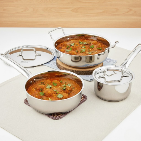 Vinod Doniv 3 piece Majestic cookware set, 24 cm kadhai, 14 cm sauce pan, 20 cm fry pan, full set group shot