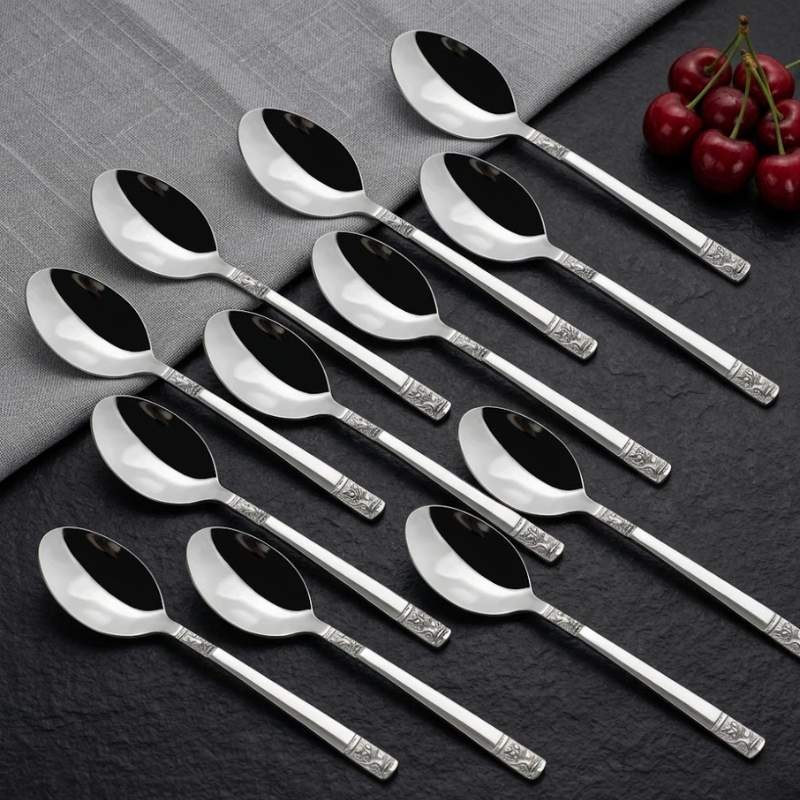 Vinod Moscow stainless steel dessert spoon set of 12, full set group shot