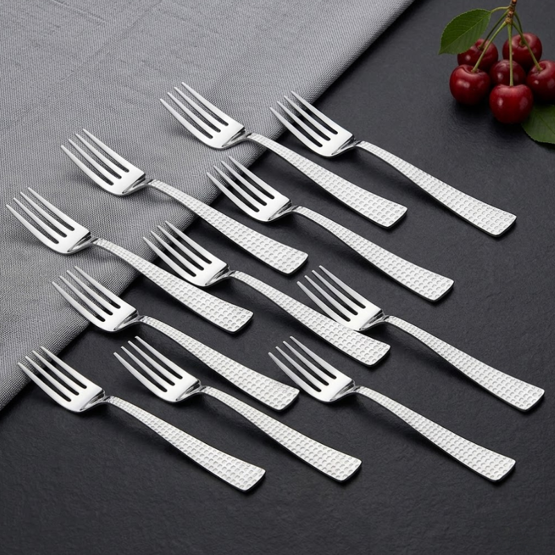 Vinod Aero hammered stainless steel dinner fork set of 12, mirror finish, side view