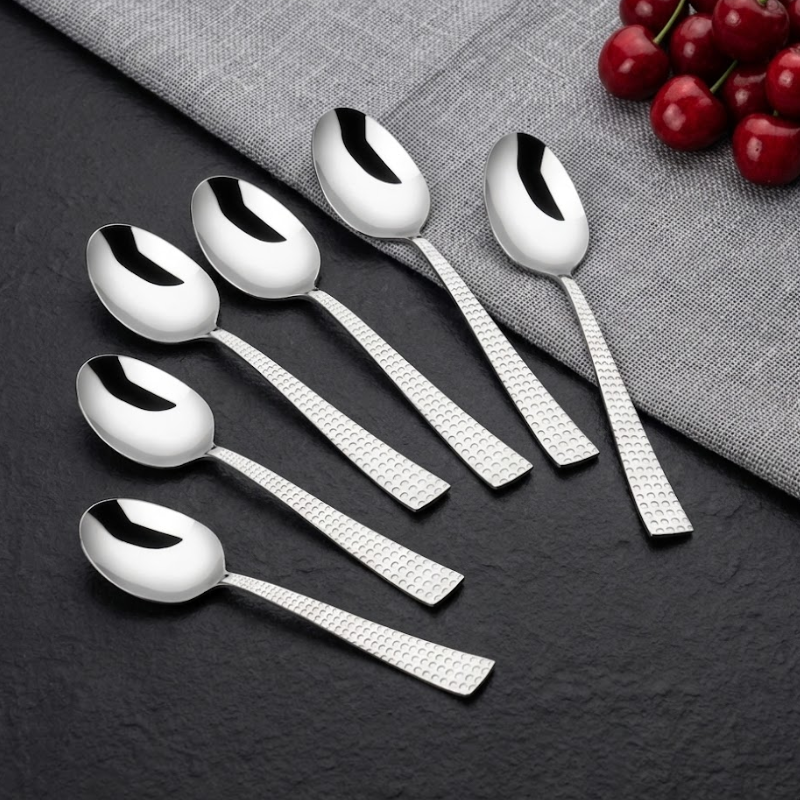 Vinod Aero hammered stainless steel baby spoon set of 12, mirror polish, side view