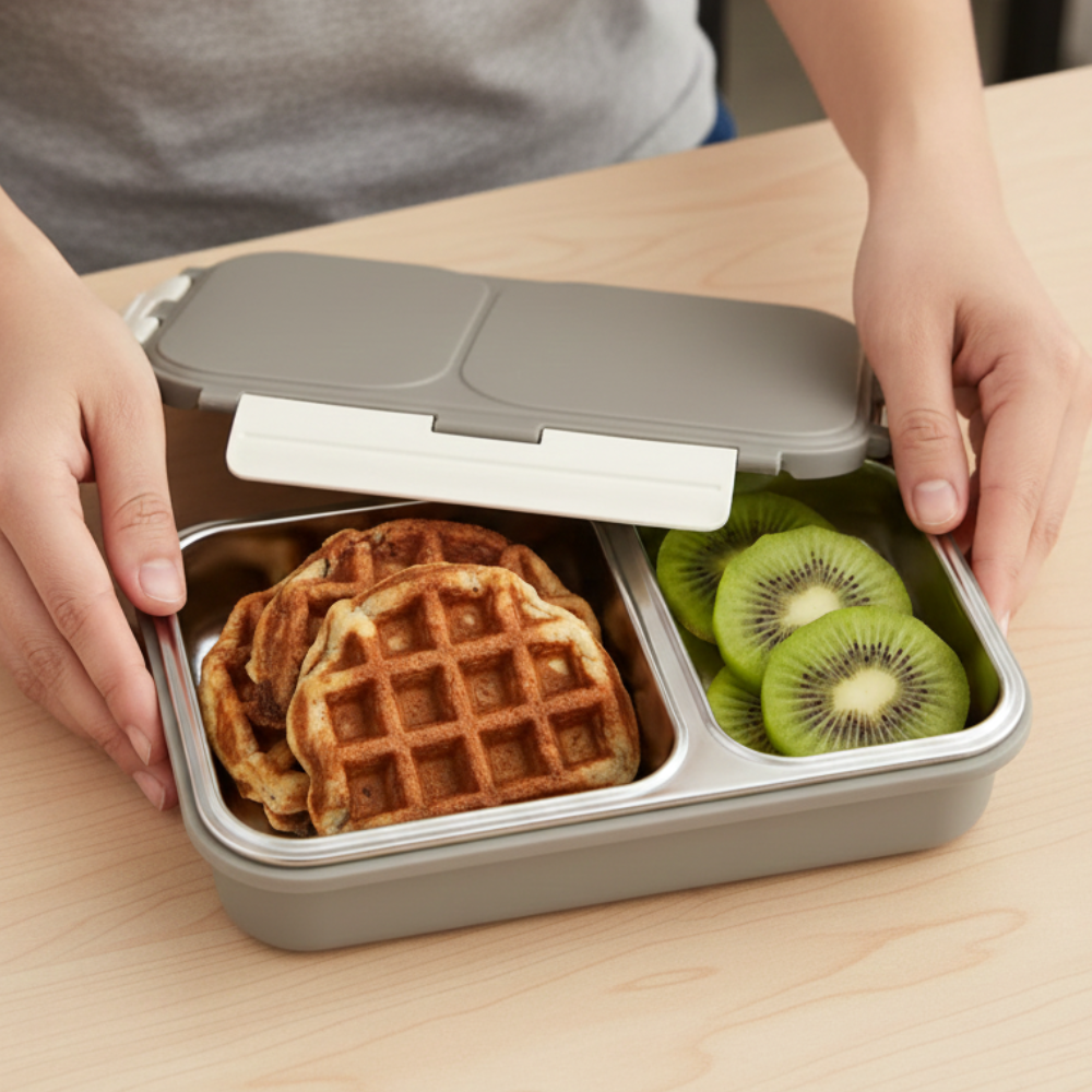 Vinod stainless steel 2 compartment lunch box in grey, silicone-sealed airtight lid, packaging