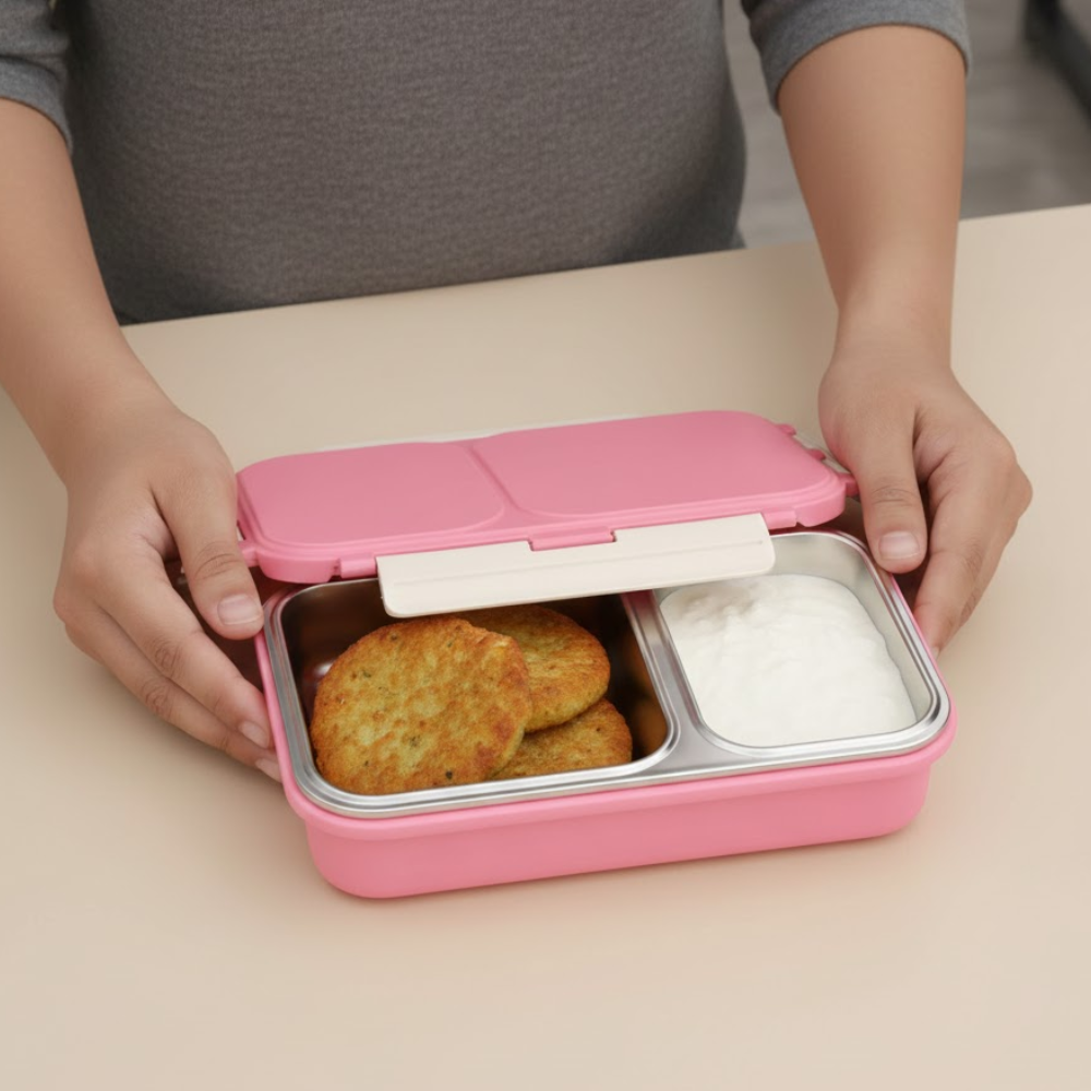 Vinod stainless steel 2 compartment tiffin in pink, silicone-sealed airtight lid, side view