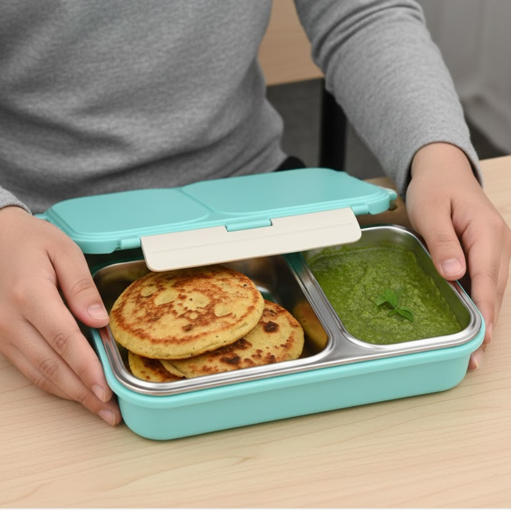 Vinod stainless steel 2 compartment tiffin in blue, airtight and leak-proof, packaging