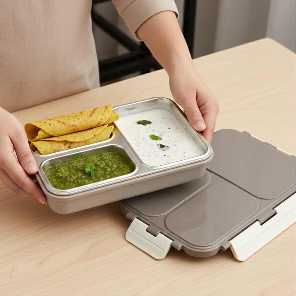 Vinod stainless steel 3 compartment tiffin in grey, silicone-sealed airtight lid, packaging
