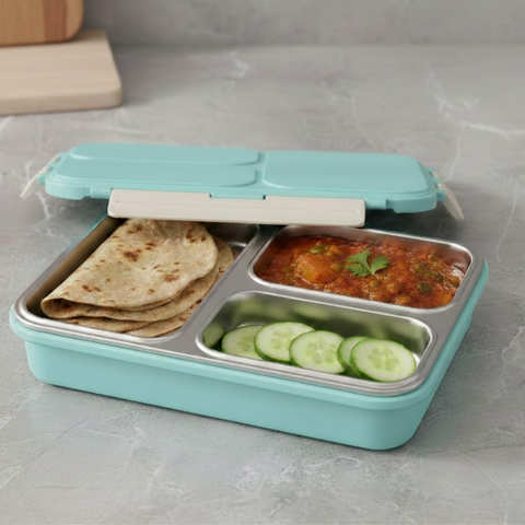Vinod stainless steel 3 compartment tiffin in blue, silicone-sealed airtight lid, packaging