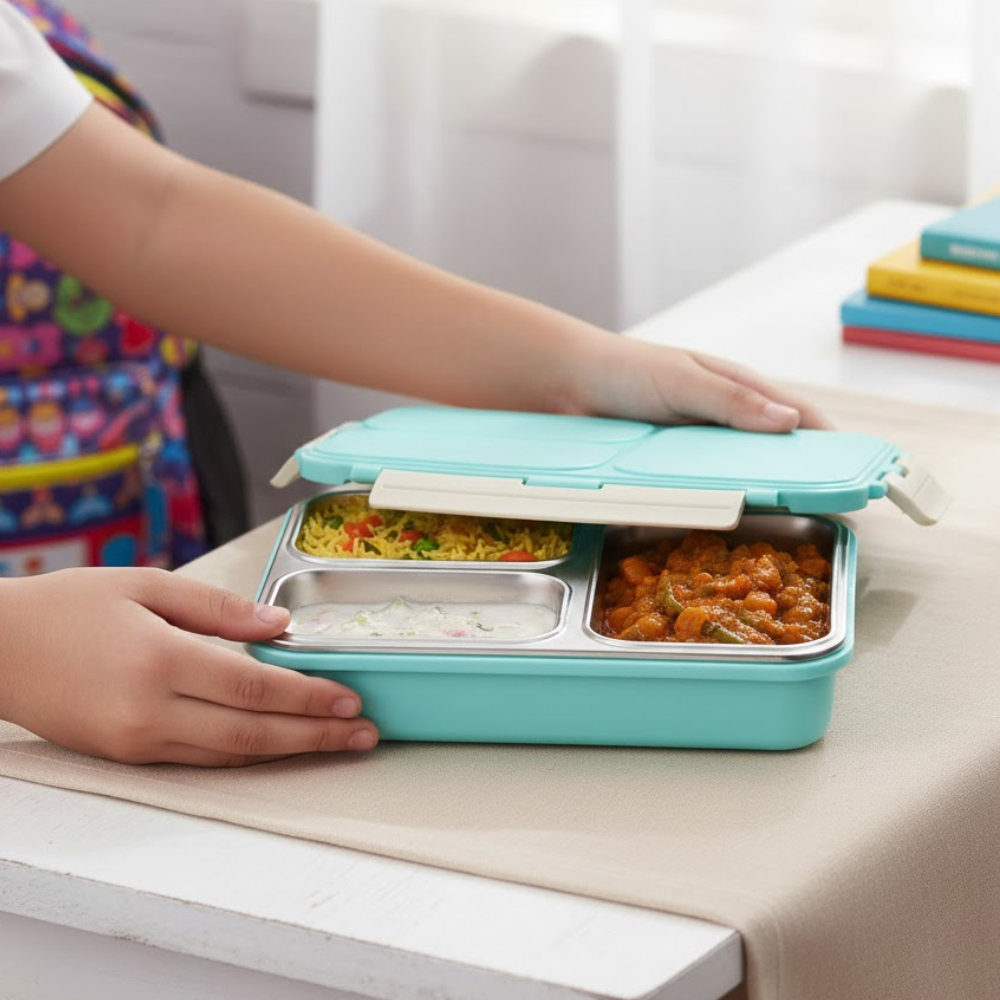 Vinod stainless steel 3 compartment tiffin in blue, silicone-sealed airtight lid, side view