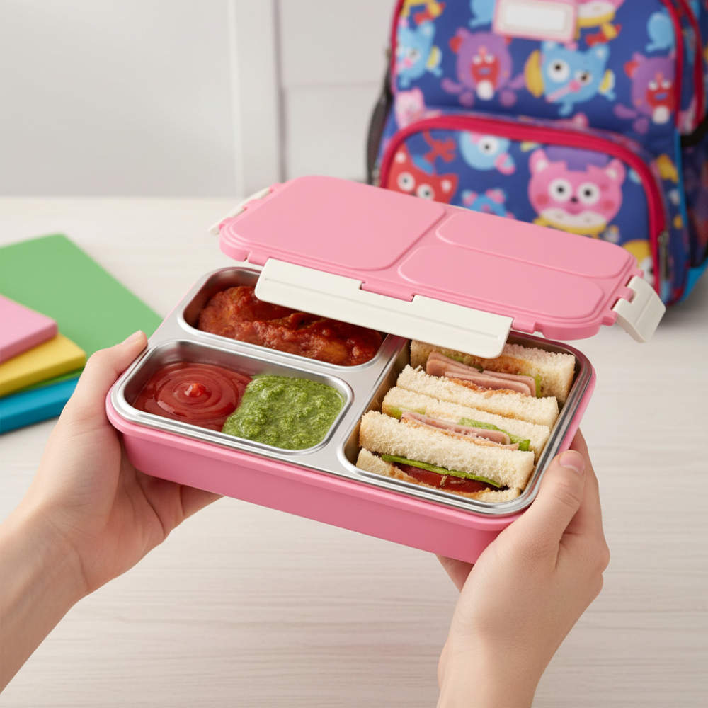 Vinod stainless steel 3 compartment tiffin in pink, silicone-sealed airtight lid, packaging