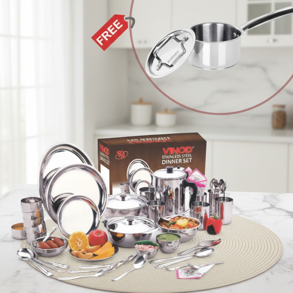 Vinod Doniv 51 piece dinner set for six persons with free Majestic 14 cm sauce pan, full set group shot