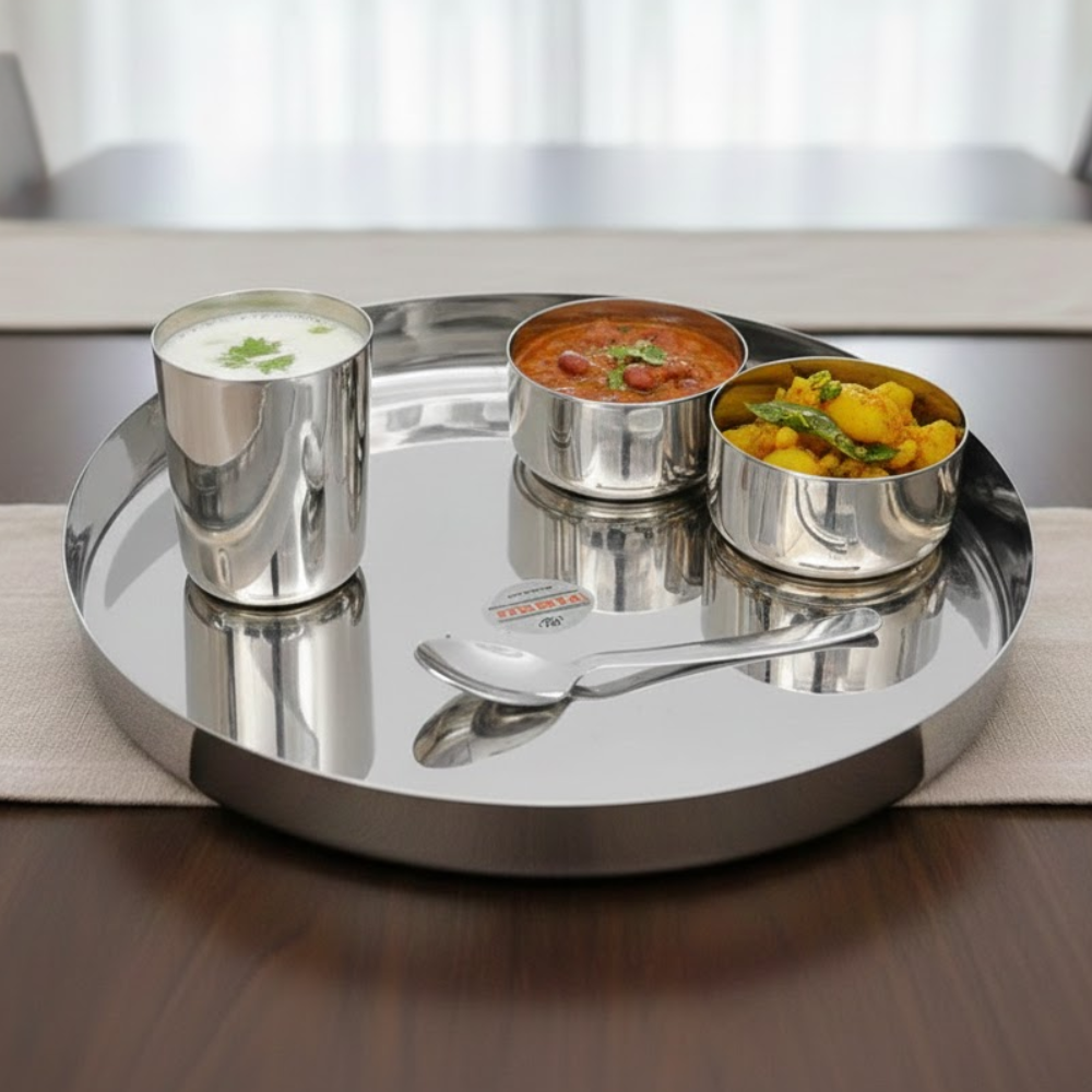 Vinod stainless steel traditional thali 5 piece set, plate, 2 vati, glass and spoon, full set group shot