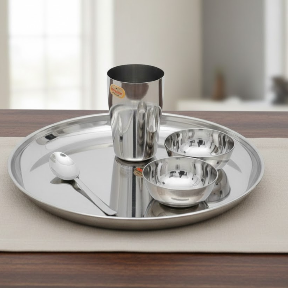 Vinod stainless steel trendy thali 5 piece set, plate, 2 bowls, glass and spoon, full set group shot