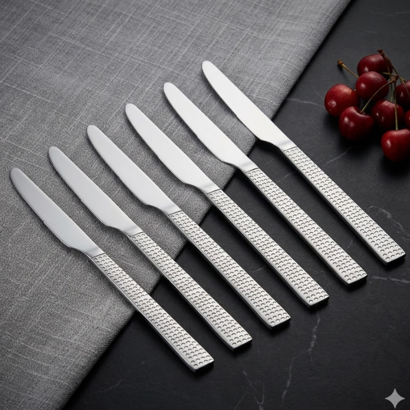 Vinod Aero hammered stainless steel dessert knife set of 6, mirror finish, side view