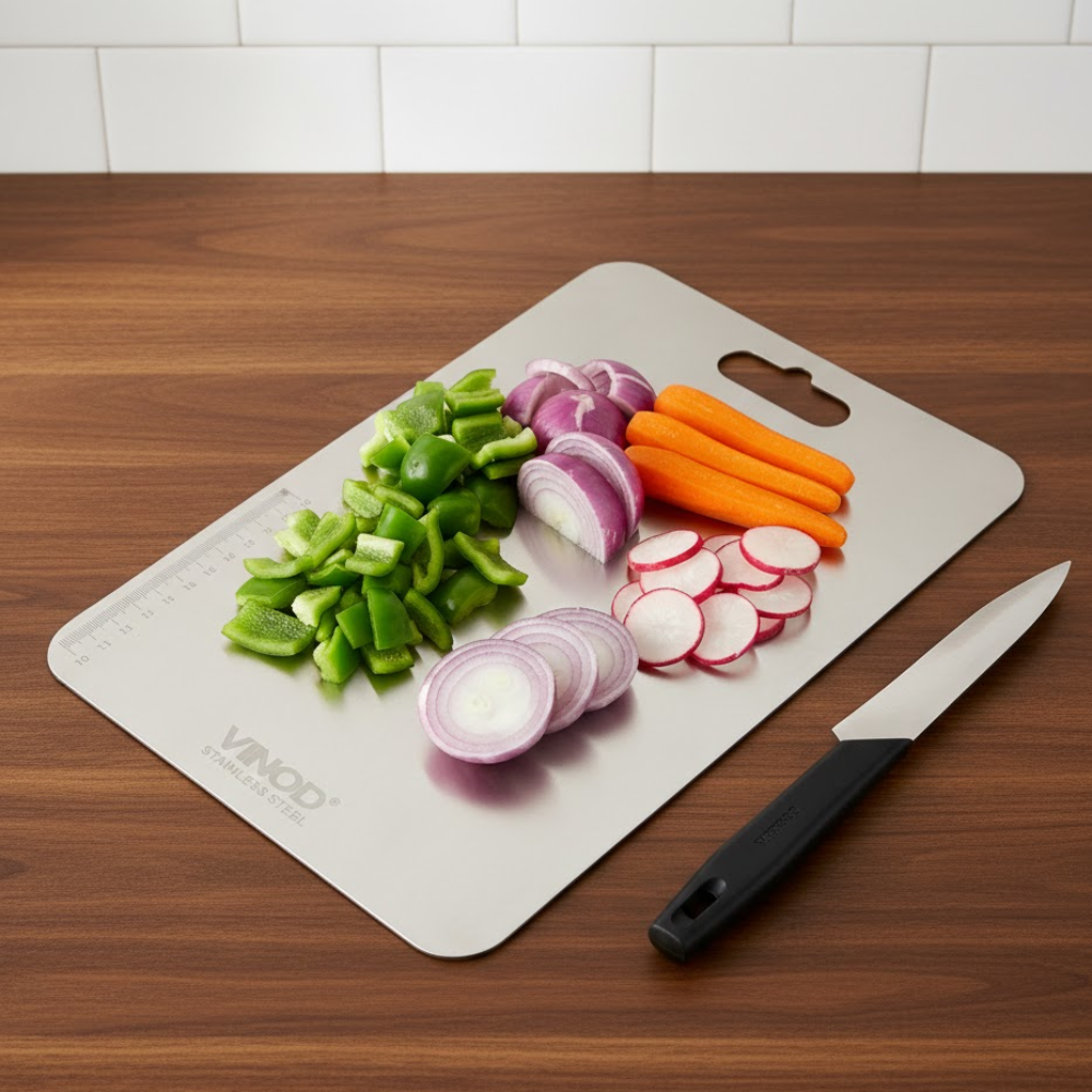 Vinod stainless steel chopping board, 30.5 by 20 cm, knife-friendly surface, front view
