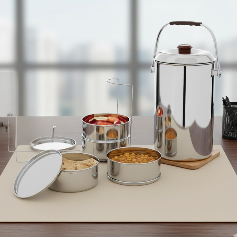 Vinod stainless steel deluxe hot tiffin with 4 compartments, side view