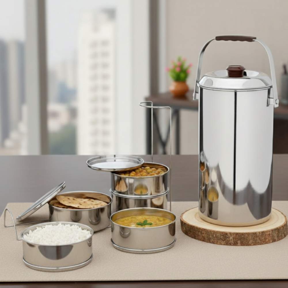 Vinod stainless steel deluxe hot tiffin with 5 compartments, side view
