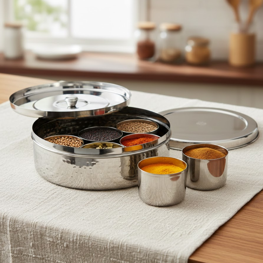 Vinod Hammered Stainless Steel Masala Dabba / Spice Box with 7 Containers, packaging