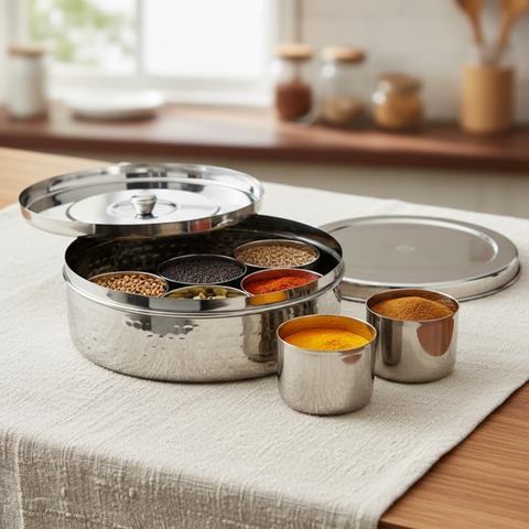 Vinod Hammered Stainless Steel Masala Dabba / Spice Box with 7 Containers, packaging