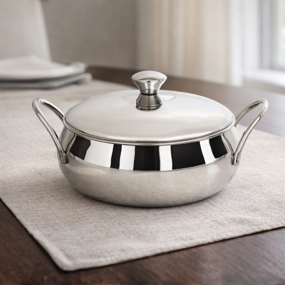 Vinod Stainless Steel Indigo Bowl with Lid & Side Handles, front view