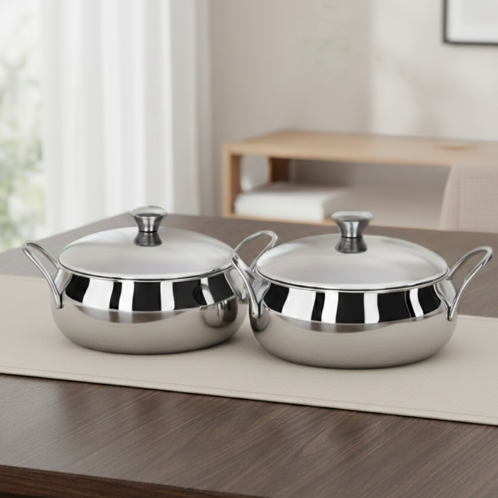 Vinod Stainless Steel Indigo Bowl 2 Pieces Gift Set with Lids & Side Handles, 900 ml and 1000 ml, front view