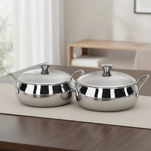 Vinod Stainless Steel Indigo Bowl 2 Pieces Gift Set with Lids & Side Handles, 900 ml and 1000 ml, front view
