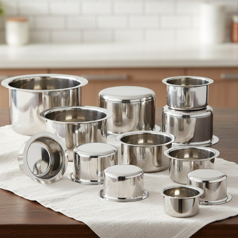 Vinod stainless steel induction friendly round bottom tope 12 piece set without lid, 300 ml to 6.7 litre, front view