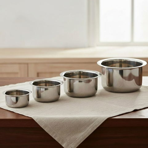Vinod stainless steel induction friendly flat bottom tope 4 piece large set without lid, 3.7 litre onwards, front view