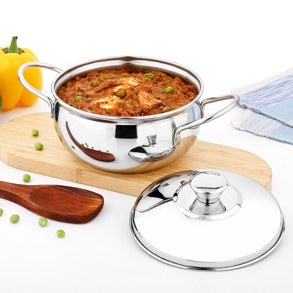 Vinod Stainless Steel Milano Plain Serving Casserole with Steel Lid & Side Handles, top view