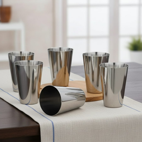 Vinod Stainless Steel Plain Glass Set of 6, front view
