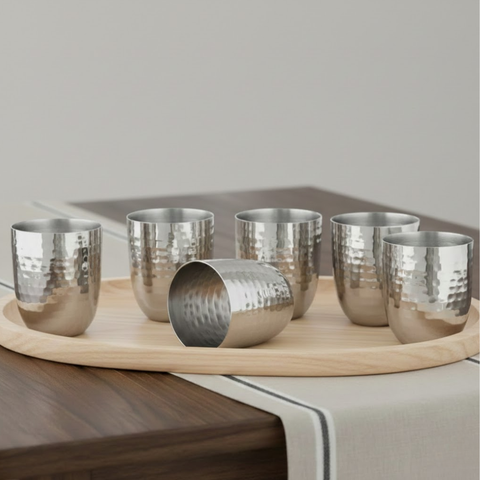 Vinod stainless steel premium hammered glass set of 6, 300 ml, front view
