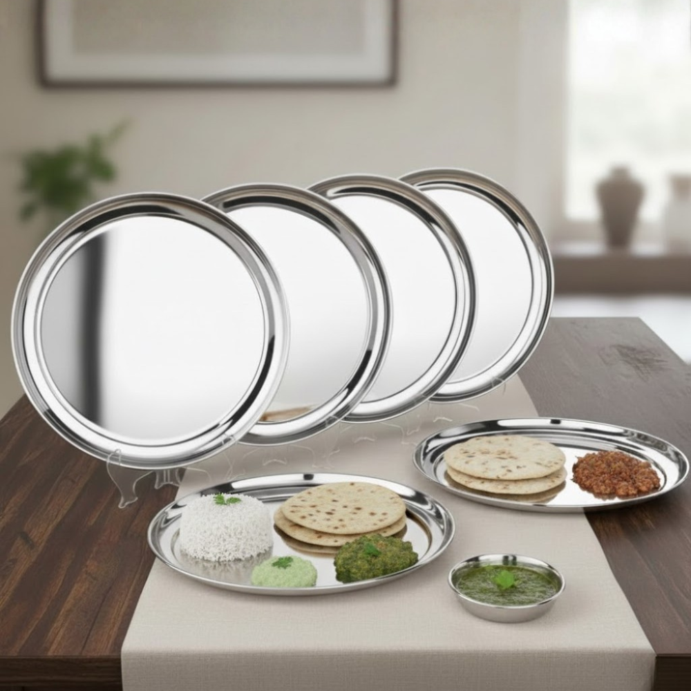 Vinod stainless steel Rajbhog dinner plate set of 6, 28.5 cm, front view
