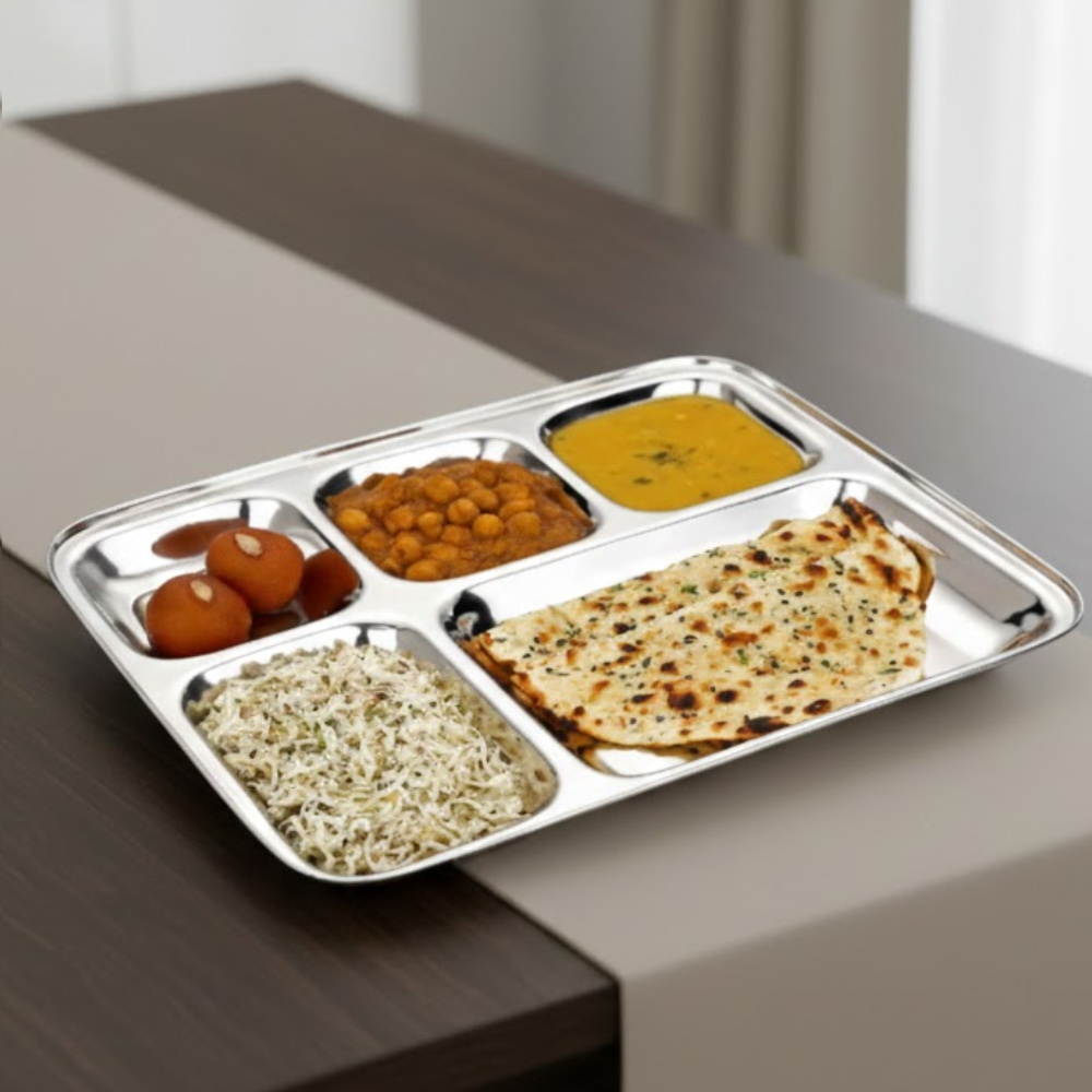 Vinod stainless steel 5 compartment bhojan thali with square edges, pack of 2, front view