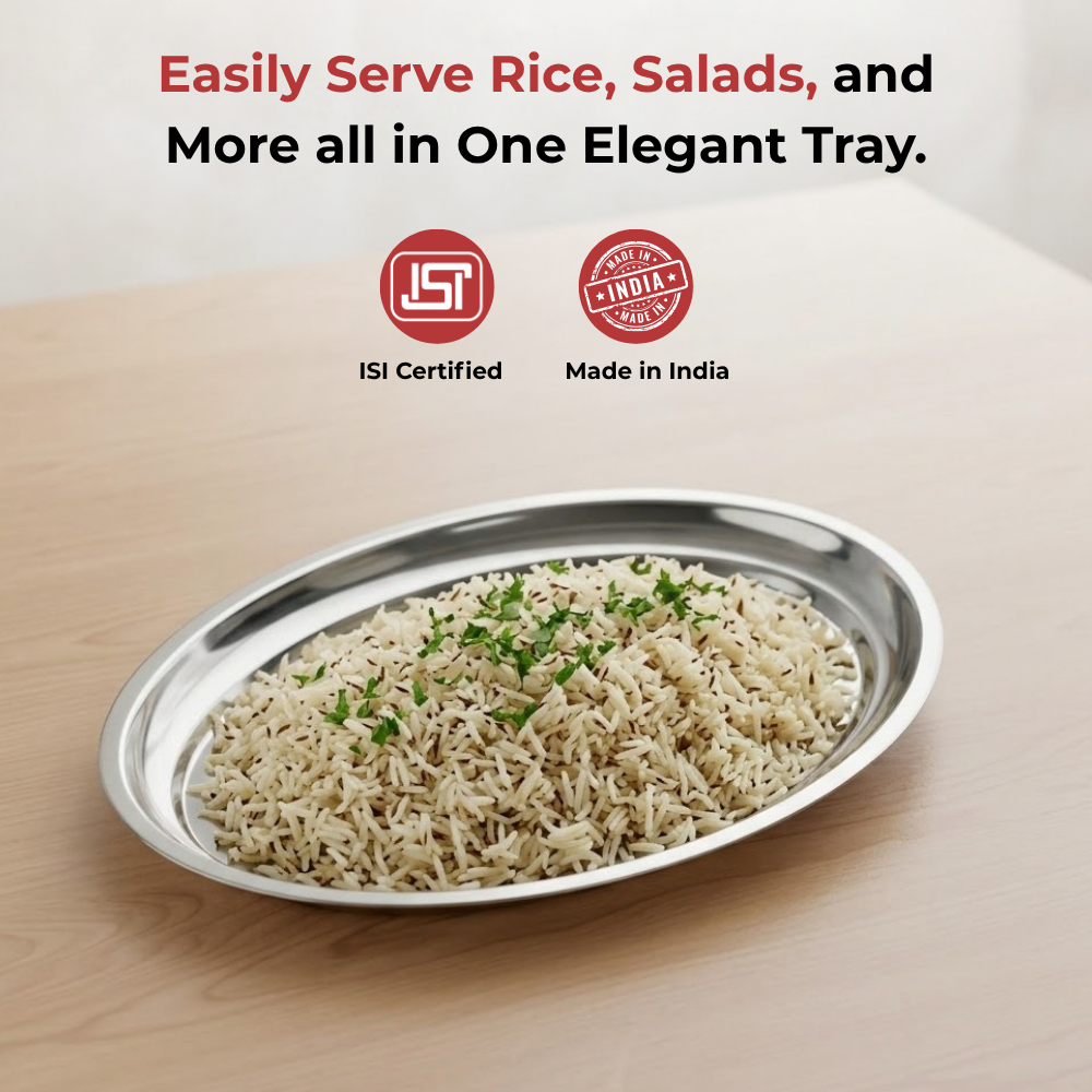 Vinod Stainless Steel Oval Rice Tray, angled view