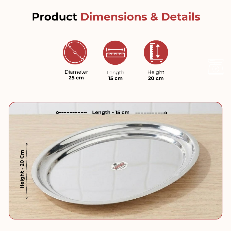 VINOD Stainless Steel Oval Rice Tray with Highest Grade Stainless Steel, Mirror Finish, Rust Free, Tough & Durable, Easy to Clean