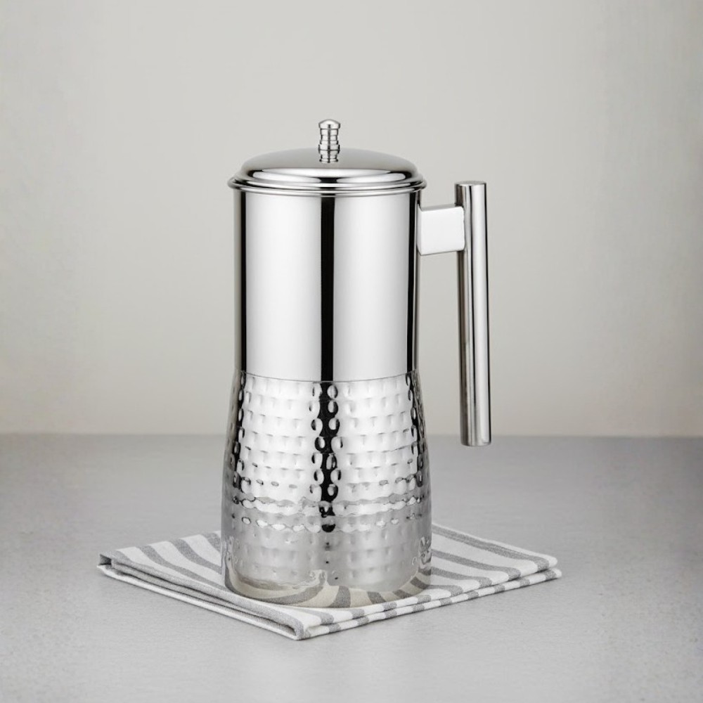 Vinod hammered stainless steel Magnum water pitcher jug with cover, 1700 ml, side view