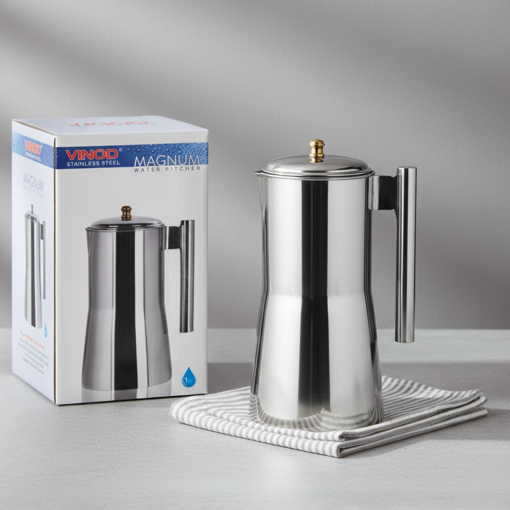 Vinod Stainless Steel Magnum Water Pitcher / Jug with Cover - 1700 ml, side view