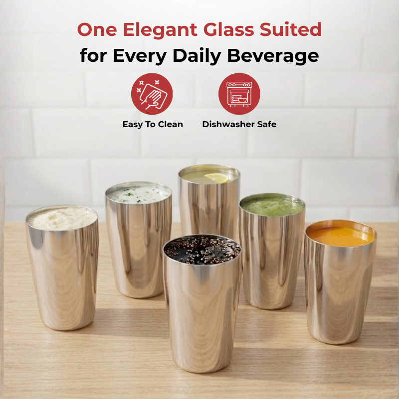 VINOD Stainless Steel Ice Thumbs Up Glass Set of 6 - 350 ml with High Grade Stainless Steel, Mirror Finish, Tough & Strong, Rust Free