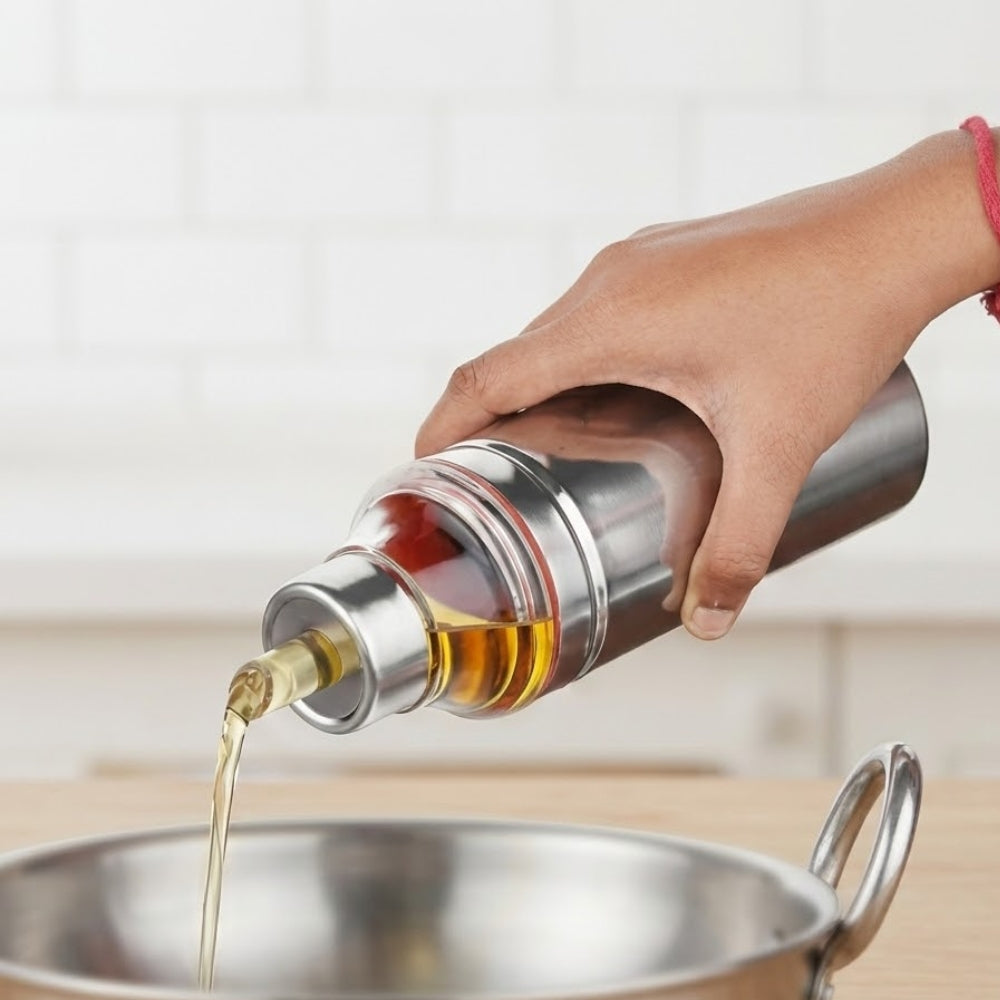 Vinod Stainless Steel Oil Pot with Anti-Drip Spout, side view